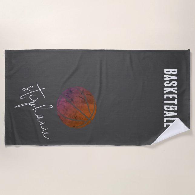 Personalisierter Basketball in Schwarz und Weiß Strandtuch (Vorderseite)