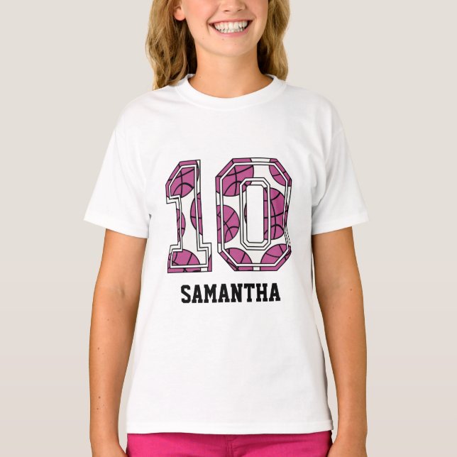 Personalisierter Basketball Nummer 10 Rosa und Wei T-Shirt (Vorderseite)
