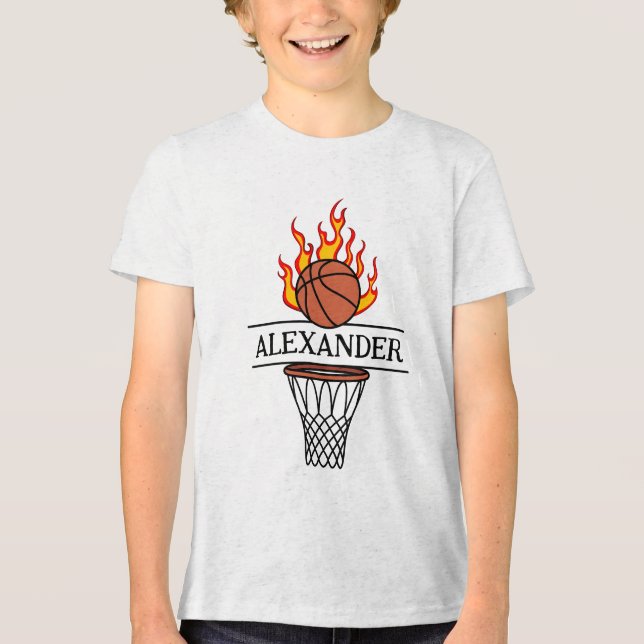 Personalisierter Basketball und Feuerball mit Name Tri-Blend Shirt (Vorderseite)