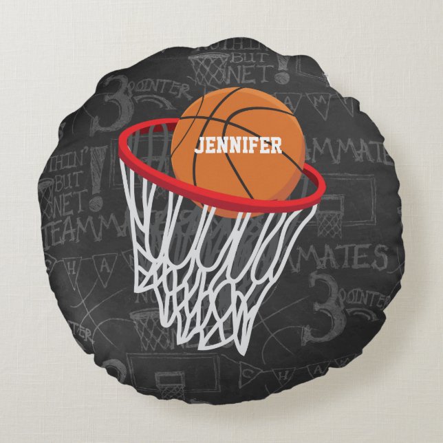 Personalisierter Basketball und Hoop Rundes Kissen (Rückseite)