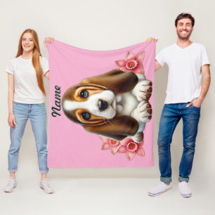 Personalisierter Basset Hound-Welpe mit Blumen Fleecedecke