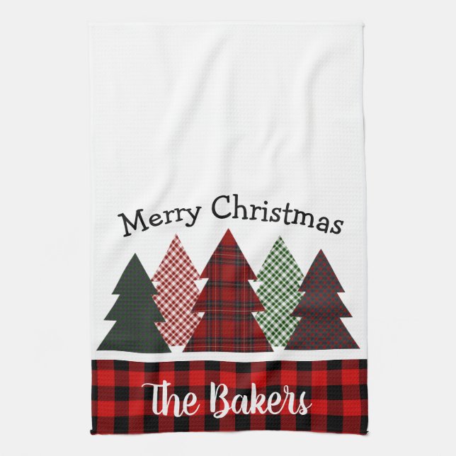 Personalisierter Bauernhof Karierter Weihnachtsbau Geschirrtuch (Vertikal)