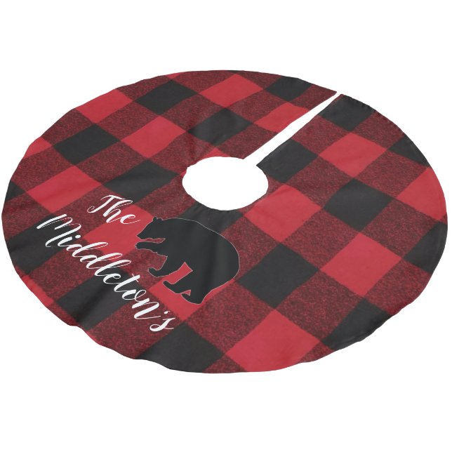 Personalisierter Baumrock Rotes Buffalo Kariert Bä Polyester Weihnachtsbaumdecke (Schrägansicht)