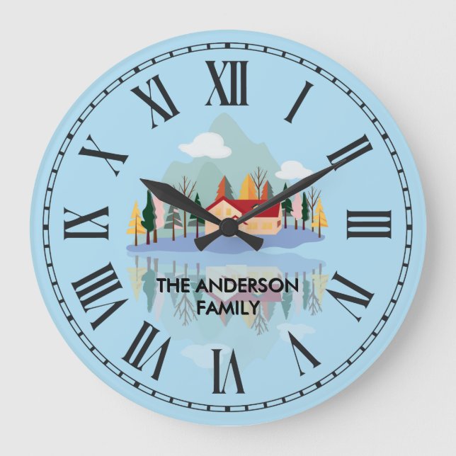 Personalisierter Bergsee Familienszene Große Wanduhr (Vorderseite)