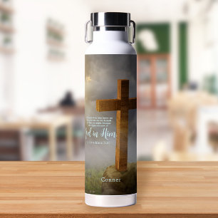 Personalisierter Bibelvers Holzkreuz Trinkflasche