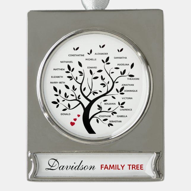 Personalisierter Big Family Tree (20 Namen) Banner-Ornament Silber (Vorderseite)