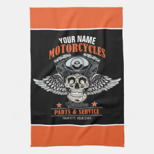 Personalisierter Biker Flying Skull Motorradladen  Geschirrtuch
