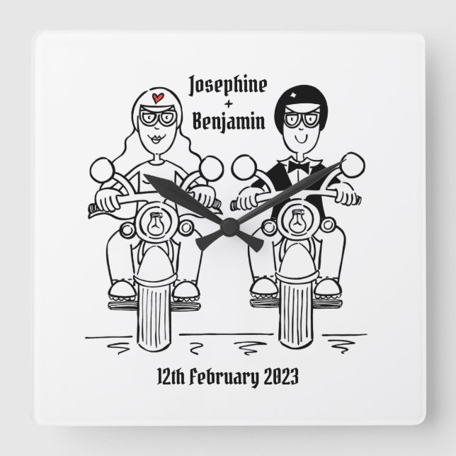Personalisierter Biker-Motorrad-Hochzeitsplatz Quadratische Wanduhr (Vorderseite)