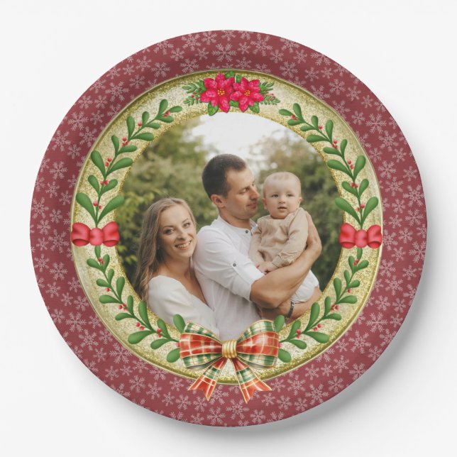 Personalisierter Bilderrahmen und Weihnachtskranz Pappteller (Vorderseite)