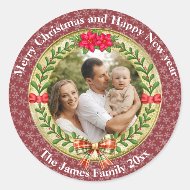 Personalisierter Bilderrahmen und Weihnachtskranz Runder Aufkleber (Vorderseite)