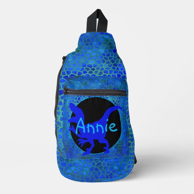 Personalisierter blauer Dinosaurier Crossbody Bag (Vorderseite)