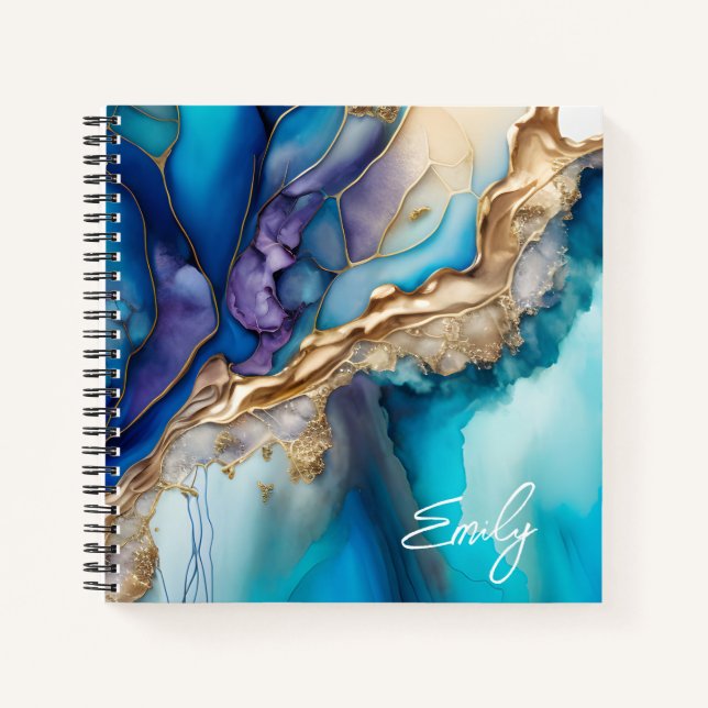 Personalisierter blauer Goldmarmor-Script-Name  Notizbuch (Vorderseite)