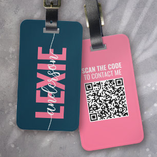 Personalisierter blauer rosa Monogramm-QR-Code Gepäckanhänger