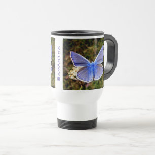Personalisierter Blauer Schmetterling auf weißer B Reisebecher
