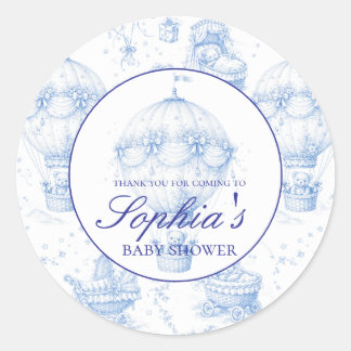 Personalisierter blauer Toile de Jouy Baby-Shower- Runder Aufkleber