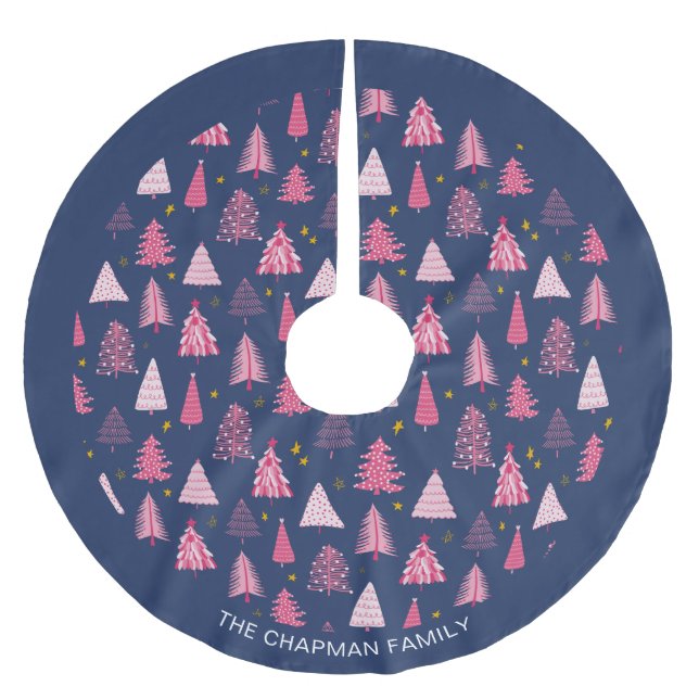 Personalisierter Blauer und rosa Weihnachtsbaum Polyester Weihnachtsbaumdecke (Vorderseite)