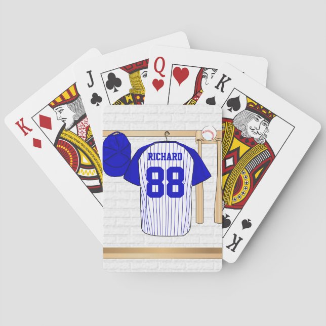 Personalisierter blauer und weißer Baseball Jersey Spielkarten (Rückseite)