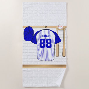 Personalisierter blauer und weißer Baseball Jersey Strandtuch