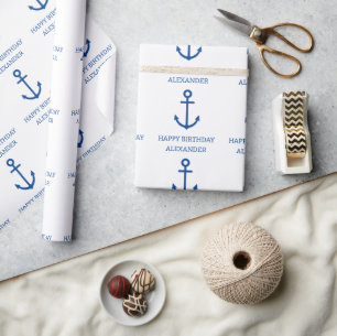 Personalisierter, blauer und weißer Wasseranker Geschenkpapier