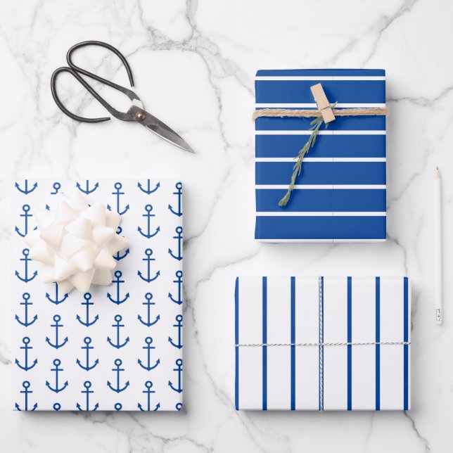 Personalisierter, blauer und weißer Wasseranker Geschenkpapier Set (Vorderseite)