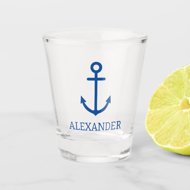 Personalisierter, blauer und weißer Wasseranker Schnapsglas (Vorderseite)