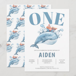 Personalisierter Blauer Whale der ersten Geburtsta Einladung