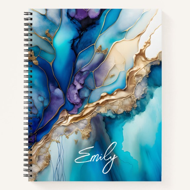 Personalisierter Blaugold-Marmor-Script-Name  Notizbuch (Vorderseite)