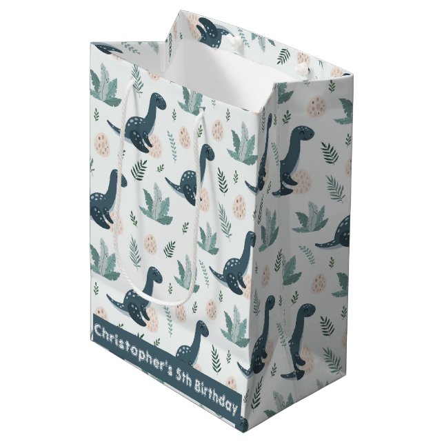 Personalisierter Blue Dinosaurier mit Foliage und  Mittlere Geschenktüte (Vorderseite Schrägansicht)