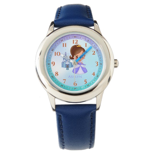 Personalisierter Blue Glitzer Princess Learning Armbanduhr (Vorderseite)