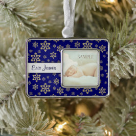 Personalisierter Blue-Gold-Schneeflocken Rahmen-Ornament Silber