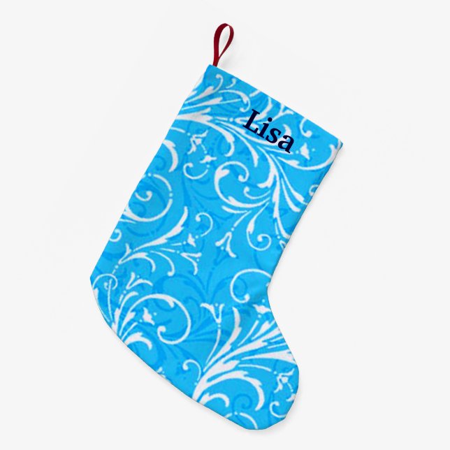 Personalisierter Blue Ornamental Strumpf Kleiner Weihnachtsstrumpf (Vorderansicht (hängend))
