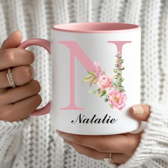 Personalisierter Blumen-Monogramm-Becher mit rosa  Tasse (Personalized Floral Mug Christmas Gift for Her, Pink Rose Monogram Mug Bridal Shower Gift for Her)