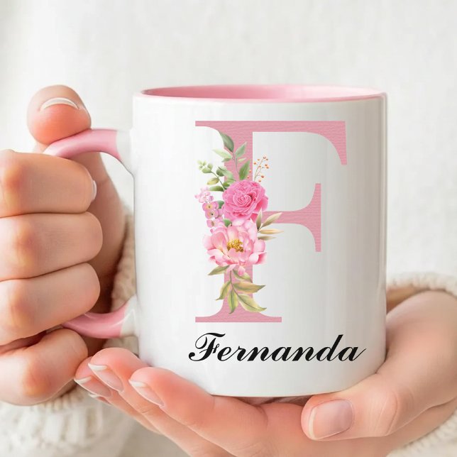 Personalisierter Blumen-Tasse mit Namen als Gesche Tasse (Custom Pink Floral Monogram Mug Gift for Her, Wildflower Initial Name Mug Birthday Gift for Mom)