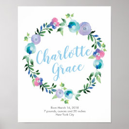 Personalisierter Blumendruck lila-blaues Geburtspo Poster