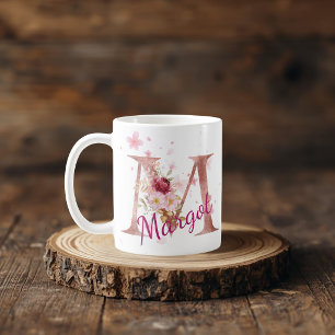 Personalisierter Blumeninitial-Becher – Buchstabe  Kaffeetasse