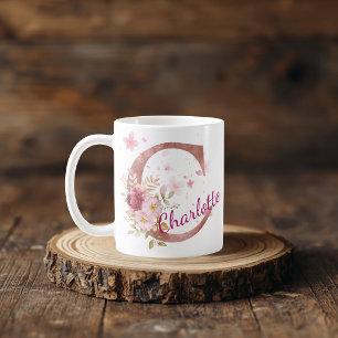 Personalisierter Blumeninitial-Becher – Buchstabe  Kaffeetasse