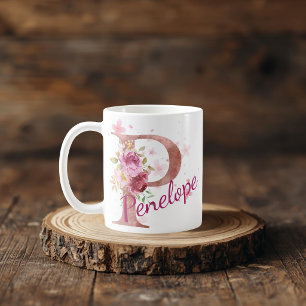 Personalisierter Blumeninitial-Becher – Buchstabe  Kaffeetasse
