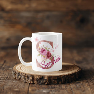 Personalisierter Blumeninitial-Becher – Buchstabe Kaffeetasse