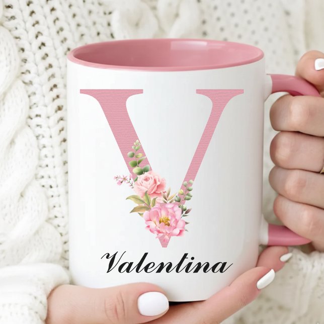 Personalisierter Blumeninitialen-Name Tasse Mutter (Floral Rose Coffee Mug Christmas Gift for Her, Personalized Pink Floral Mug Gift for Mom or Grandma)