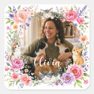 Personalisierter Blumenkatzen-Mutter-Foto-Aufklebe Quadratischer Aufkleber