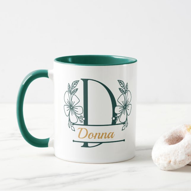 Personalisierter Blumenmonogramm-Buchstabe D Beche Tasse (Mit Donut)