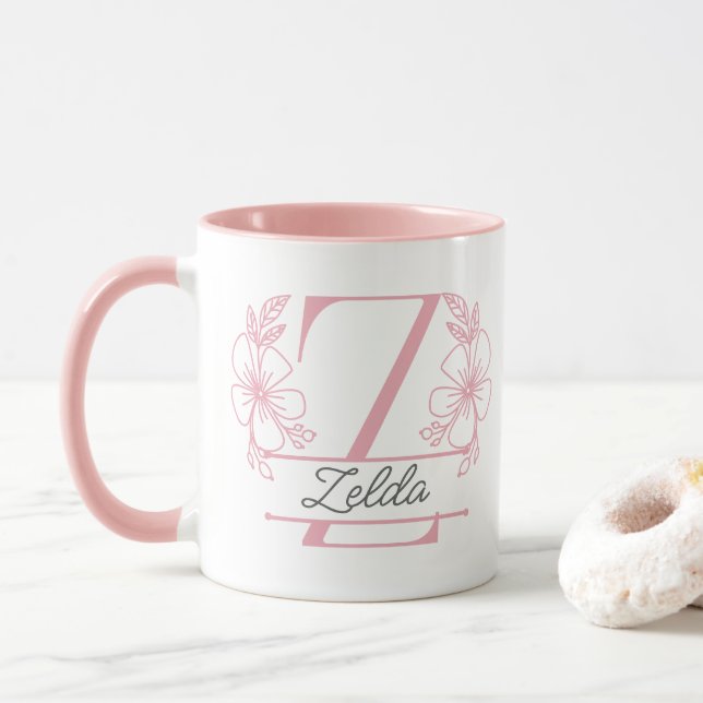 Personalisierter Blumenmonogramm-Buchstabe Z Beche Tasse (Mit Donut)