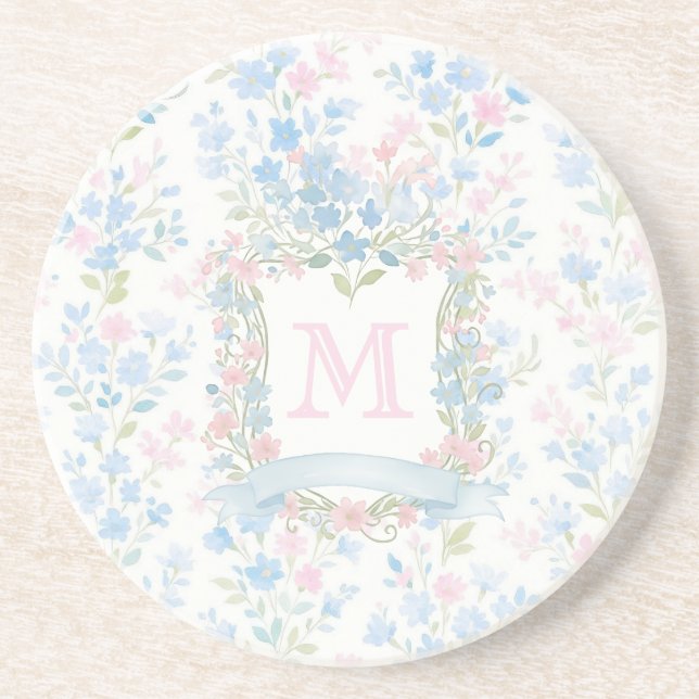 Personalisierter Blumenmonogramm-Sandstein-Unterse Getränkeuntersetzer (Vorne)