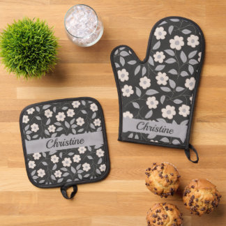 Personalisierter Blumenmuster-Individuelle Name au Ofenhandschuh & Topflappen-Set