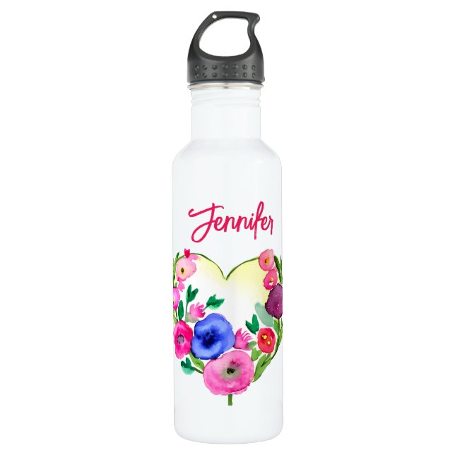Personalisierter Blumenstrauß Wasserfarbe Blau Edelstahlflasche (Vorderseite)