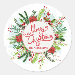 Personalisierter Blumenwreath-Weihnachtsaufkleber Runder Aufkleber