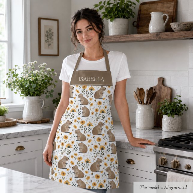 Personalisierter Blumiger Capybara Schürze (sweet cozy floral capybara sunflower apron personalized with custom name, cute gift for her )