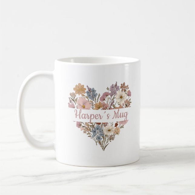 Personalisierter Boho-Blumen-Herzbecher Kaffeetasse (Links)