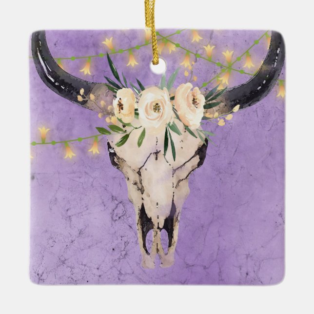 Personalisierter Boho Kuh Schädel und Lichter Weih Keramikornament (Vorderseite)