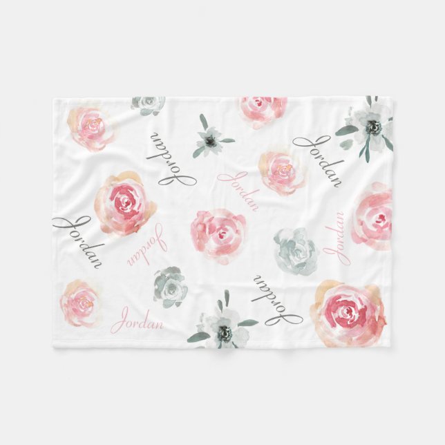Personalisierter boho schicke Wasserfarbengeblümte Fleecedecke (Vorderseite (Horizontal))